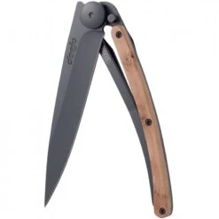 Couteau Deejo Lame 9.5cm Lisse Noire Manche Bois Genévrier