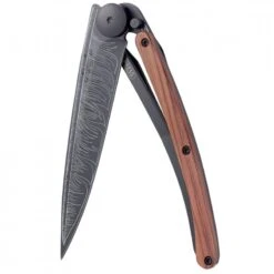 Couteau Deejo Tattoo Plume Lame 9.5cm Lisse Noire Manche Bois De Rose