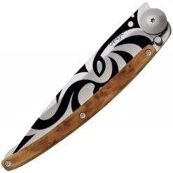 Couteau Deejo Tattoo Tribal Lame 9.5cm Lisse Manche Bois Genévrier -Couteaux Séries Magasin couteau deejo tattoo tribal lame 95cm lisse manche bois genevrier 1